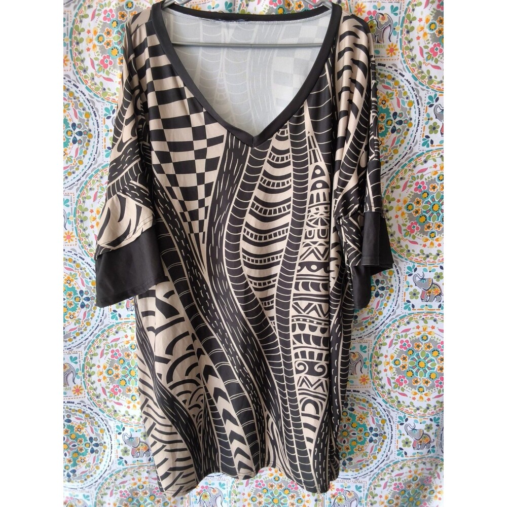 Lily By Firmiana Tunic Top Plus Size Woman 4X Brown Black Tribal Pull-On Office